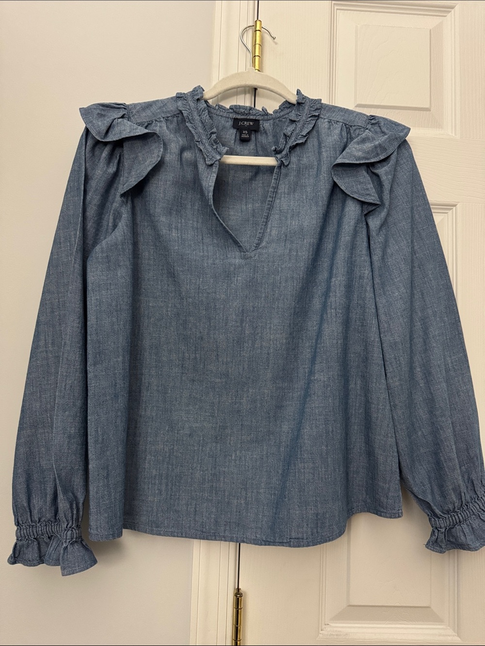 J. Crew Blue Chambray Ruffle-Shoulder Long Sleeve Blouse